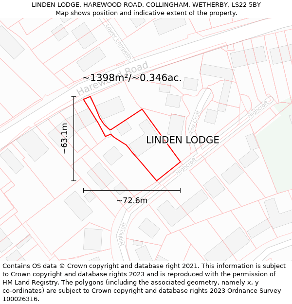 LINDEN LODGE, HAREWOOD ROAD, COLLINGHAM, WETHERBY, LS22 5BY: Plot and title map