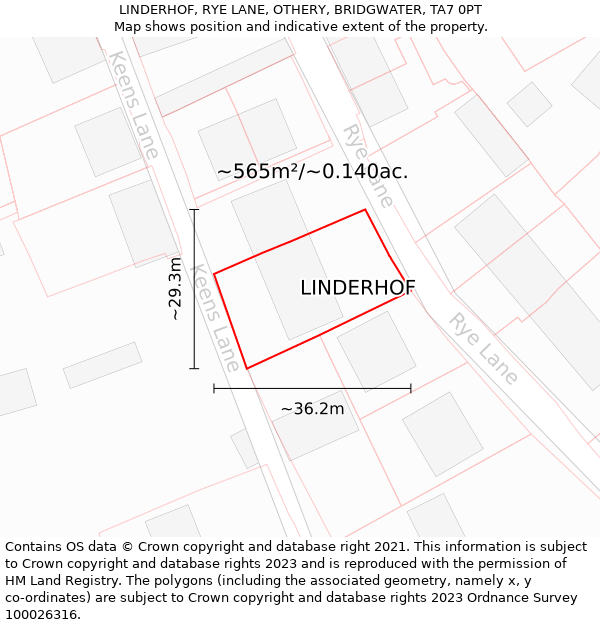 LINDERHOF, RYE LANE, OTHERY, BRIDGWATER, TA7 0PT: Plot and title map