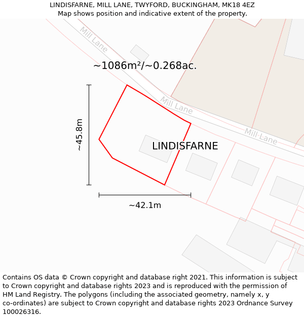 LINDISFARNE, MILL LANE, TWYFORD, BUCKINGHAM, MK18 4EZ: Plot and title map