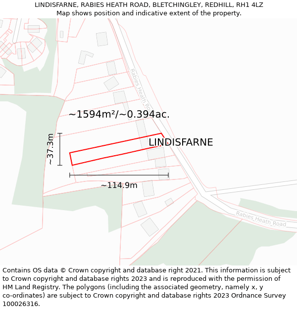 LINDISFARNE, RABIES HEATH ROAD, BLETCHINGLEY, REDHILL, RH1 4LZ: Plot and title map