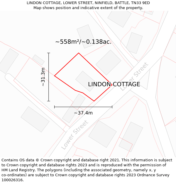 LINDON COTTAGE, LOWER STREET, NINFIELD, BATTLE, TN33 9ED: Plot and title map