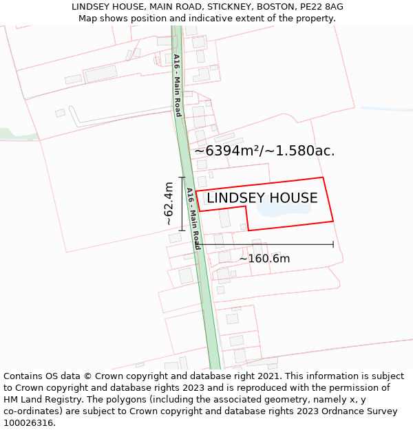 LINDSEY HOUSE, MAIN ROAD, STICKNEY, BOSTON, PE22 8AG: Plot and title map