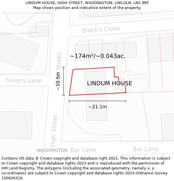 LINDUM HOUSE, HIGH STREET, WADDINGTON, LINCOLN, LN5 9RF: Plot and title map