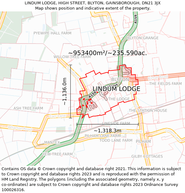 LINDUM LODGE, HIGH STREET, BLYTON, GAINSBOROUGH, DN21 3JX: Plot and title map