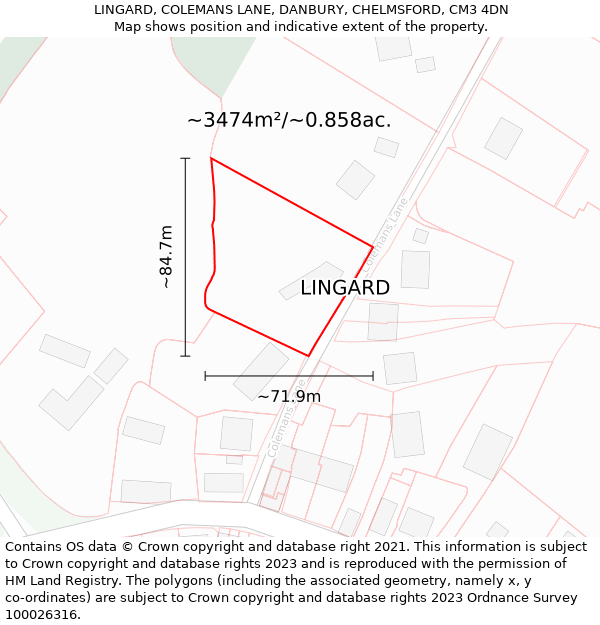 LINGARD, COLEMANS LANE, DANBURY, CHELMSFORD, CM3 4DN: Plot and title map