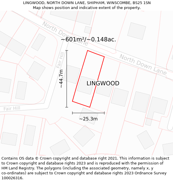 LINGWOOD, NORTH DOWN LANE, SHIPHAM, WINSCOMBE, BS25 1SN: Plot and title map