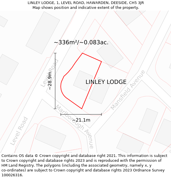 LINLEY LODGE, 1, LEVEL ROAD, HAWARDEN, DEESIDE, CH5 3JR: Plot and title map