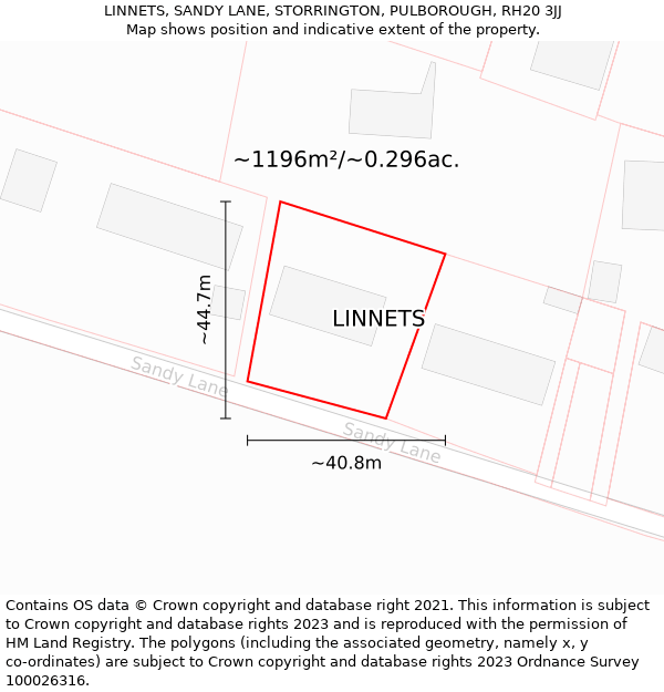 LINNETS, SANDY LANE, STORRINGTON, PULBOROUGH, RH20 3JJ: Plot and title map