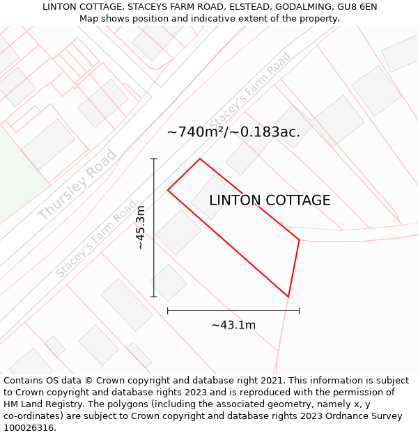 LINTON COTTAGE, STACEYS FARM ROAD, ELSTEAD, GODALMING, GU8 6EN: Plot and title map