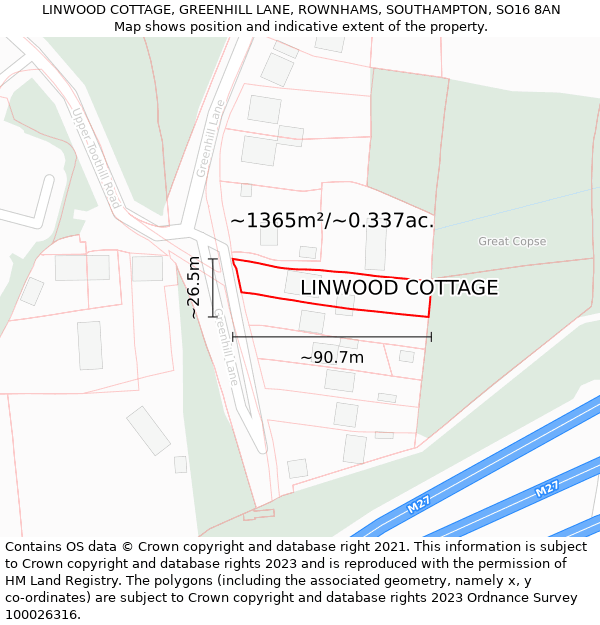 LINWOOD COTTAGE, GREENHILL LANE, ROWNHAMS, SOUTHAMPTON, SO16 8AN: Plot and title map