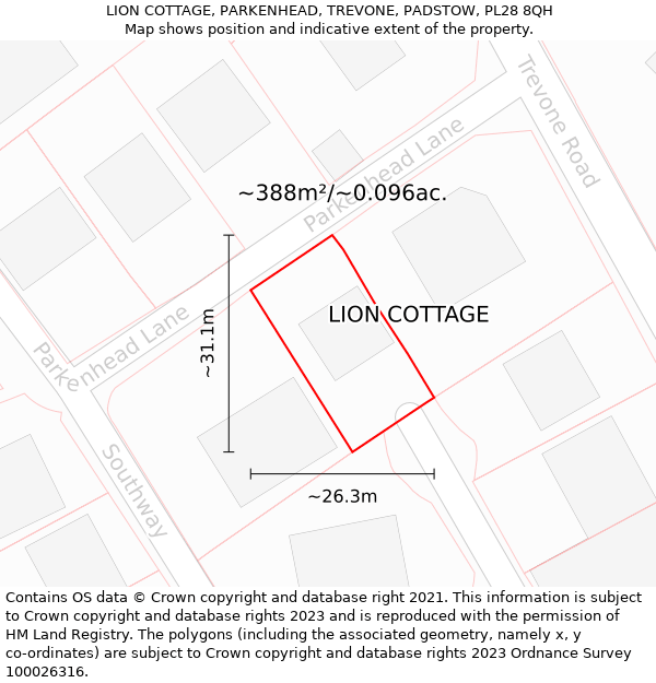 LION COTTAGE, PARKENHEAD, TREVONE, PADSTOW, PL28 8QH: Plot and title map