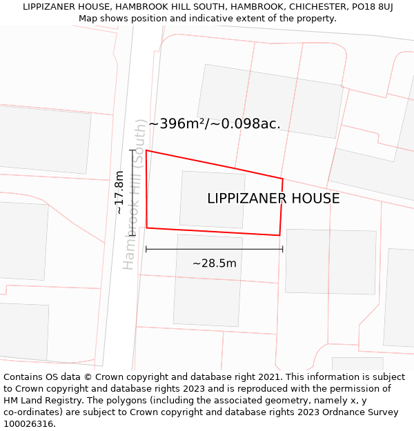 LIPPIZANER HOUSE, HAMBROOK HILL SOUTH, HAMBROOK, CHICHESTER, PO18 8UJ: Plot and title map