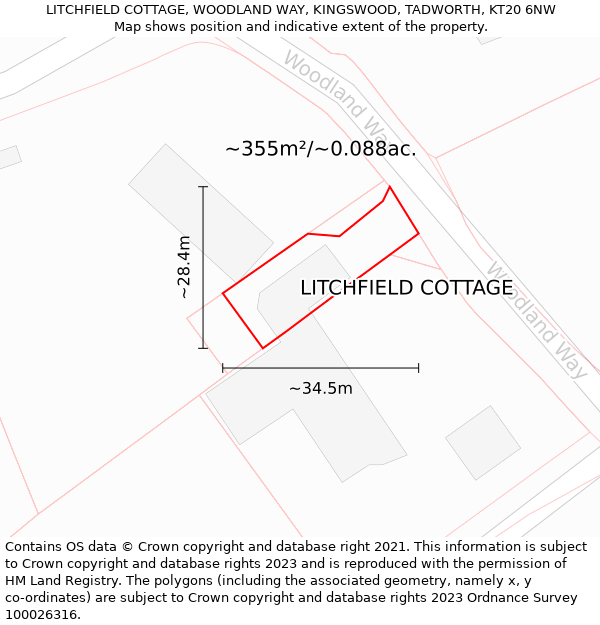 LITCHFIELD COTTAGE, WOODLAND WAY, KINGSWOOD, TADWORTH, KT20 6NW: Plot and title map