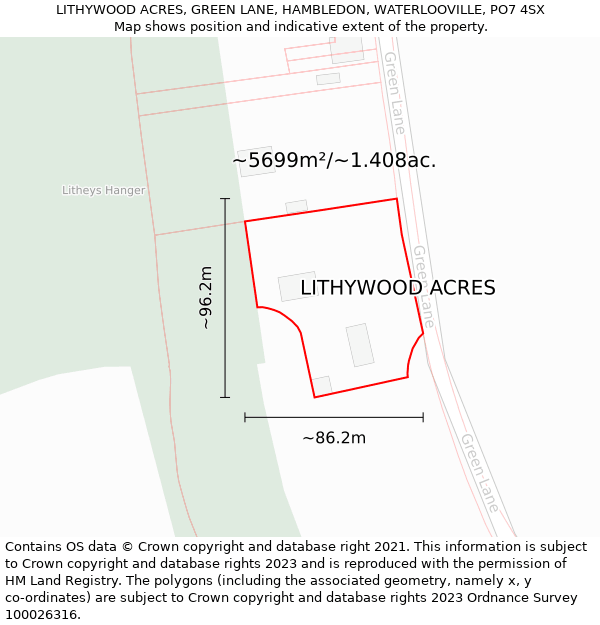 LITHYWOOD ACRES, GREEN LANE, HAMBLEDON, WATERLOOVILLE, PO7 4SX: Plot and title map