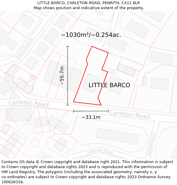 LITTLE BARCO, CARLETON ROAD, PENRITH, CA11 8LR: Plot and title map