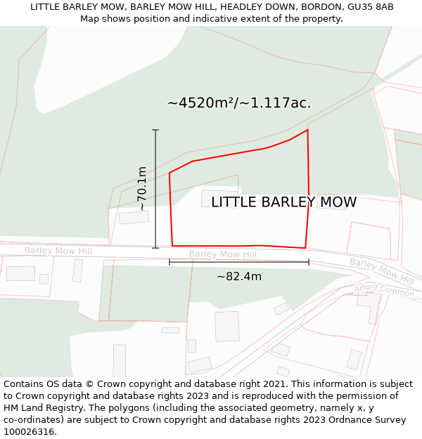 LITTLE BARLEY MOW, BARLEY MOW HILL, HEADLEY DOWN, BORDON, GU35 8AB: Plot and title map