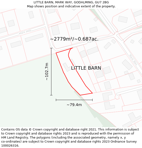 LITTLE BARN, MARK WAY, GODALMING, GU7 2BG: Plot and title map