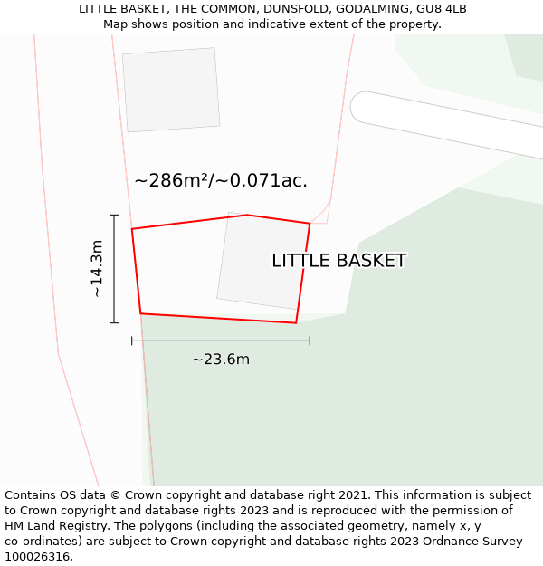 LITTLE BASKET, THE COMMON, DUNSFOLD, GODALMING, GU8 4LB: Plot and title map