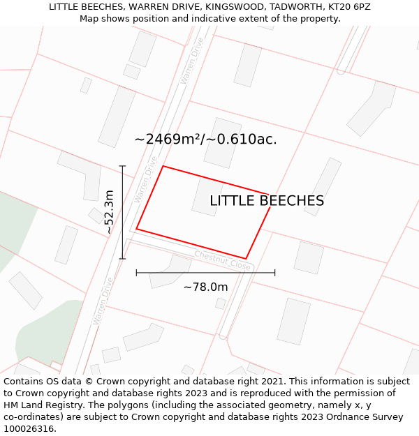 LITTLE BEECHES, WARREN DRIVE, KINGSWOOD, TADWORTH, KT20 6PZ: Plot and title map