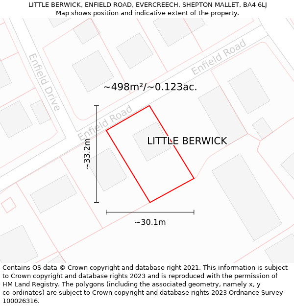 LITTLE BERWICK, ENFIELD ROAD, EVERCREECH, SHEPTON MALLET, BA4 6LJ: Plot and title map