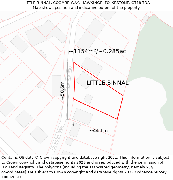 LITTLE BINNAL, COOMBE WAY, HAWKINGE, FOLKESTONE, CT18 7DA: Plot and title map