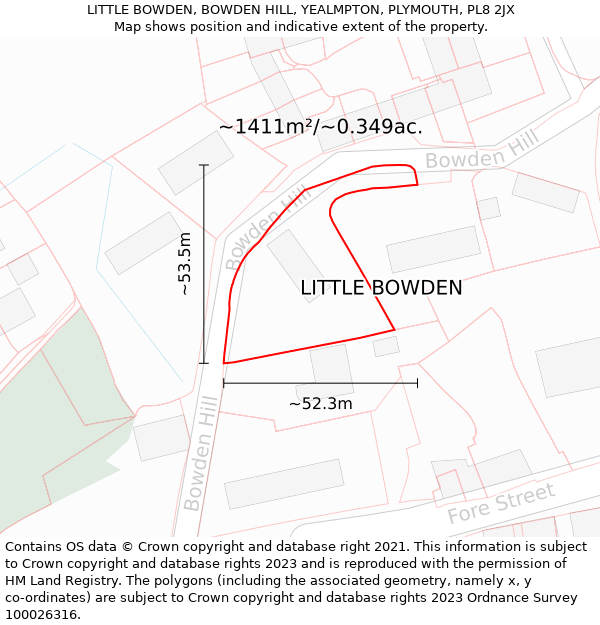 LITTLE BOWDEN, BOWDEN HILL, YEALMPTON, PLYMOUTH, PL8 2JX: Plot and title map