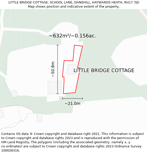 LITTLE BRIDGE COTTAGE, SCHOOL LANE, DANEHILL, HAYWARDS HEATH, RH17 7JD: Plot and title map