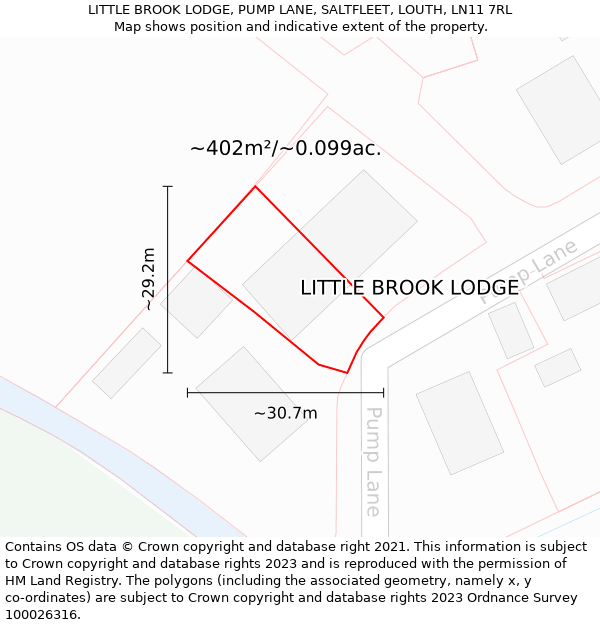 LITTLE BROOK LODGE, PUMP LANE, SALTFLEET, LOUTH, LN11 7RL: Plot and title map