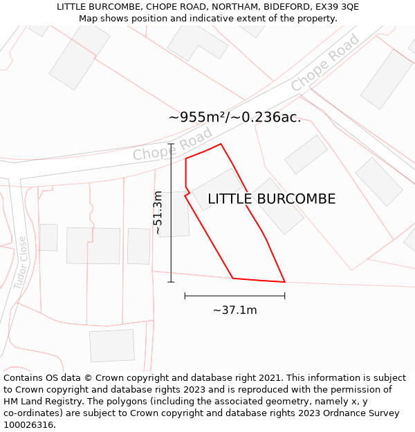 LITTLE BURCOMBE, CHOPE ROAD, NORTHAM, BIDEFORD, EX39 3QE: Plot and title map