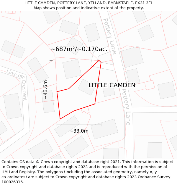 LITTLE CAMDEN, POTTERY LANE, YELLAND, BARNSTAPLE, EX31 3EL: Plot and title map