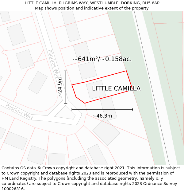 LITTLE CAMILLA, PILGRIMS WAY, WESTHUMBLE, DORKING, RH5 6AP: Plot and title map