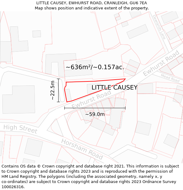 LITTLE CAUSEY, EWHURST ROAD, CRANLEIGH, GU6 7EA: Plot and title map