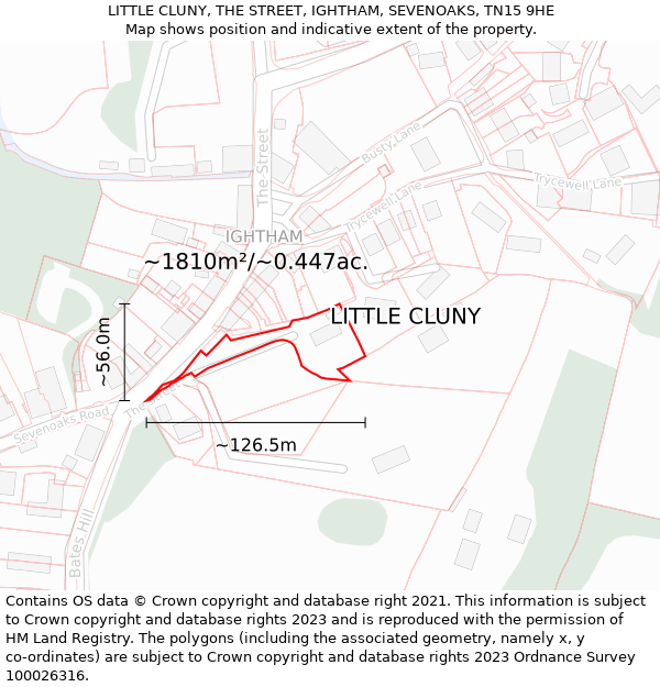 LITTLE CLUNY, THE STREET, IGHTHAM, SEVENOAKS, TN15 9HE: Plot and title map