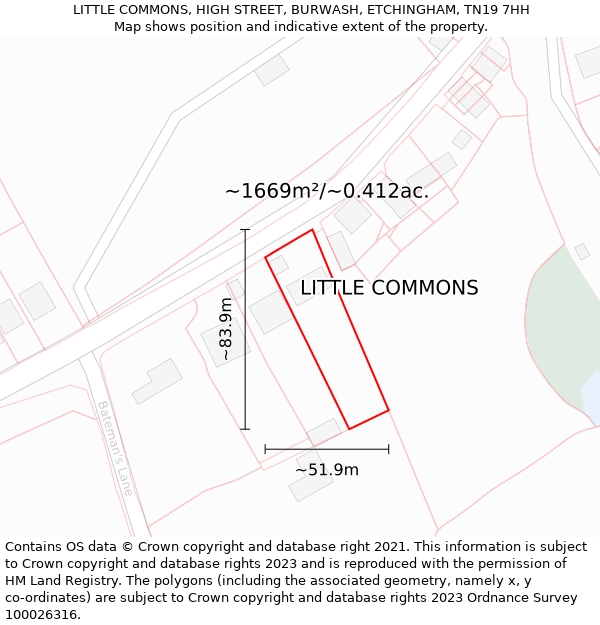 LITTLE COMMONS, HIGH STREET, BURWASH, ETCHINGHAM, TN19 7HH: Plot and title map