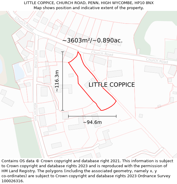 LITTLE COPPICE, CHURCH ROAD, PENN, HIGH WYCOMBE, HP10 8NX: Plot and title map