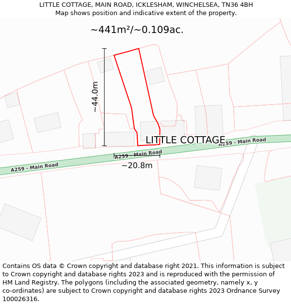 LITTLE COTTAGE, MAIN ROAD, ICKLESHAM, WINCHELSEA, TN36 4BH: Plot and title map