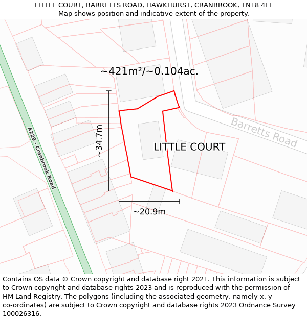 LITTLE COURT, BARRETTS ROAD, HAWKHURST, CRANBROOK, TN18 4EE: Plot and title map