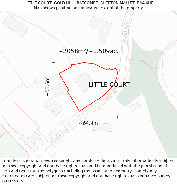 LITTLE COURT, GOLD HILL, BATCOMBE, SHEPTON MALLET, BA4 6HF: Plot and title map