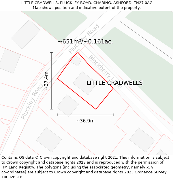 LITTLE CRADWELLS, PLUCKLEY ROAD, CHARING, ASHFORD, TN27 0AG: Plot and title map