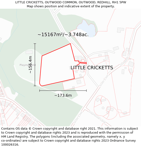 LITTLE CRICKETTS, OUTWOOD COMMON, OUTWOOD, REDHILL, RH1 5PW: Plot and title map