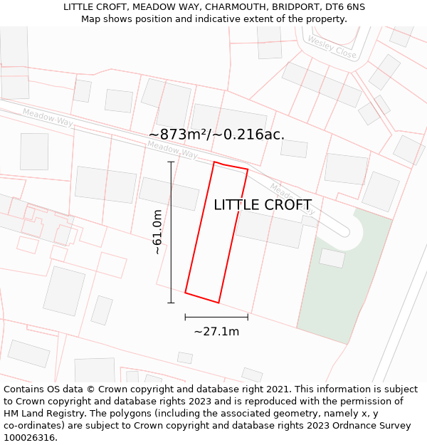 LITTLE CROFT, MEADOW WAY, CHARMOUTH, BRIDPORT, DT6 6NS: Plot and title map