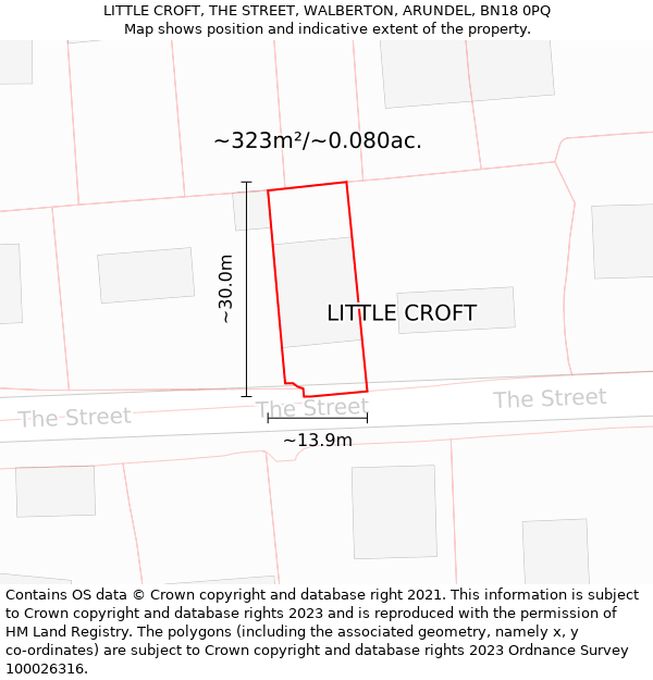 LITTLE CROFT, THE STREET, WALBERTON, ARUNDEL, BN18 0PQ: Plot and title map