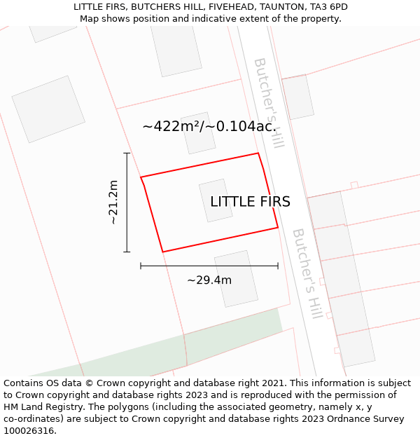 LITTLE FIRS, BUTCHERS HILL, FIVEHEAD, TAUNTON, TA3 6PD: Plot and title map