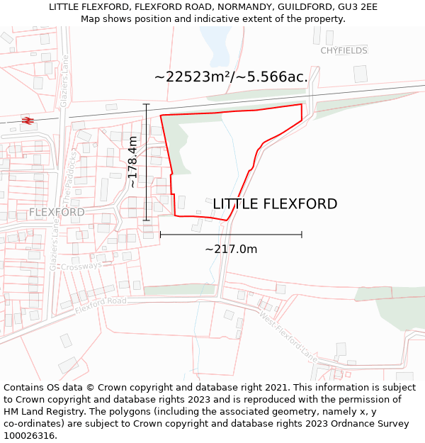 LITTLE FLEXFORD, FLEXFORD ROAD, NORMANDY, GUILDFORD, GU3 2EE: Plot and title map