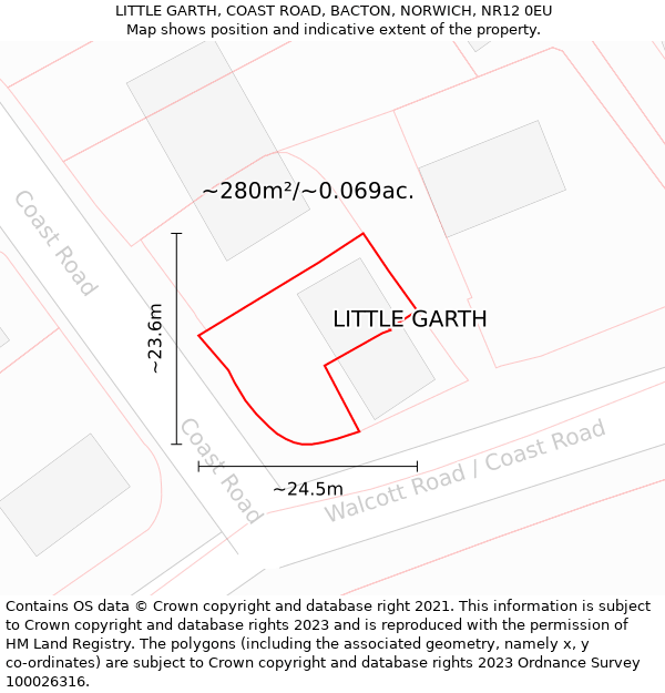 LITTLE GARTH, COAST ROAD, BACTON, NORWICH, NR12 0EU: Plot and title map