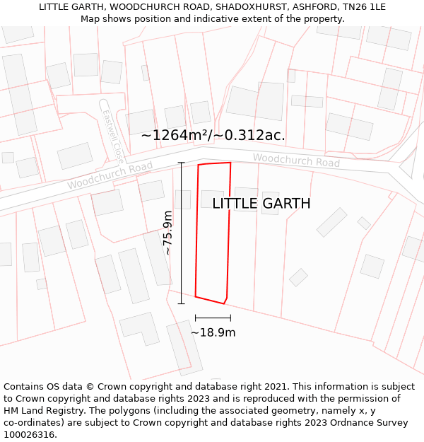 LITTLE GARTH, WOODCHURCH ROAD, SHADOXHURST, ASHFORD, TN26 1LE: Plot and title map