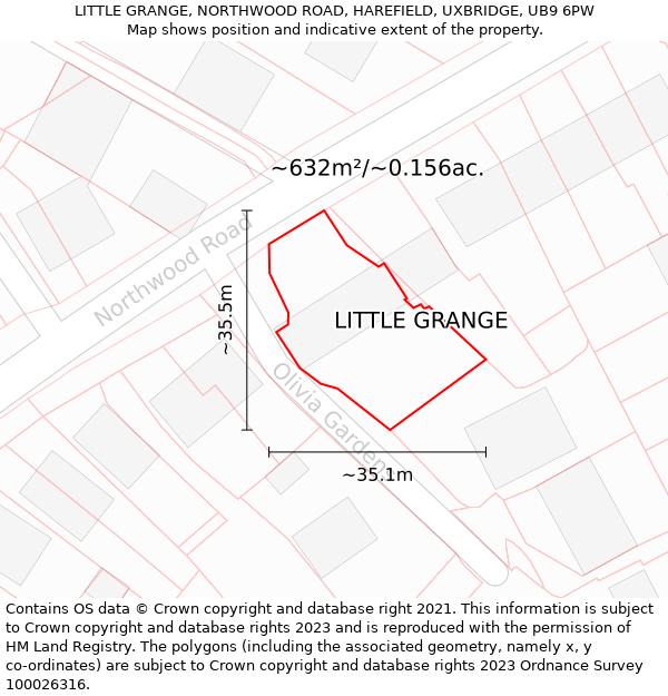 LITTLE GRANGE, NORTHWOOD ROAD, HAREFIELD, UXBRIDGE, UB9 6PW: Plot and title map