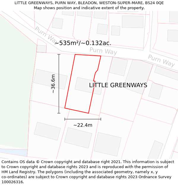 LITTLE GREENWAYS, PURN WAY, BLEADON, WESTON-SUPER-MARE, BS24 0QE: Plot and title map