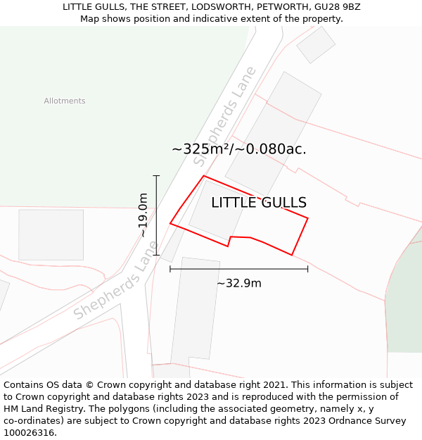 LITTLE GULLS, THE STREET, LODSWORTH, PETWORTH, GU28 9BZ: Plot and title map