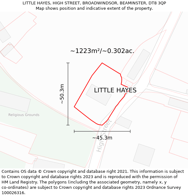 LITTLE HAYES, HIGH STREET, BROADWINDSOR, BEAMINSTER, DT8 3QP: Plot and title map